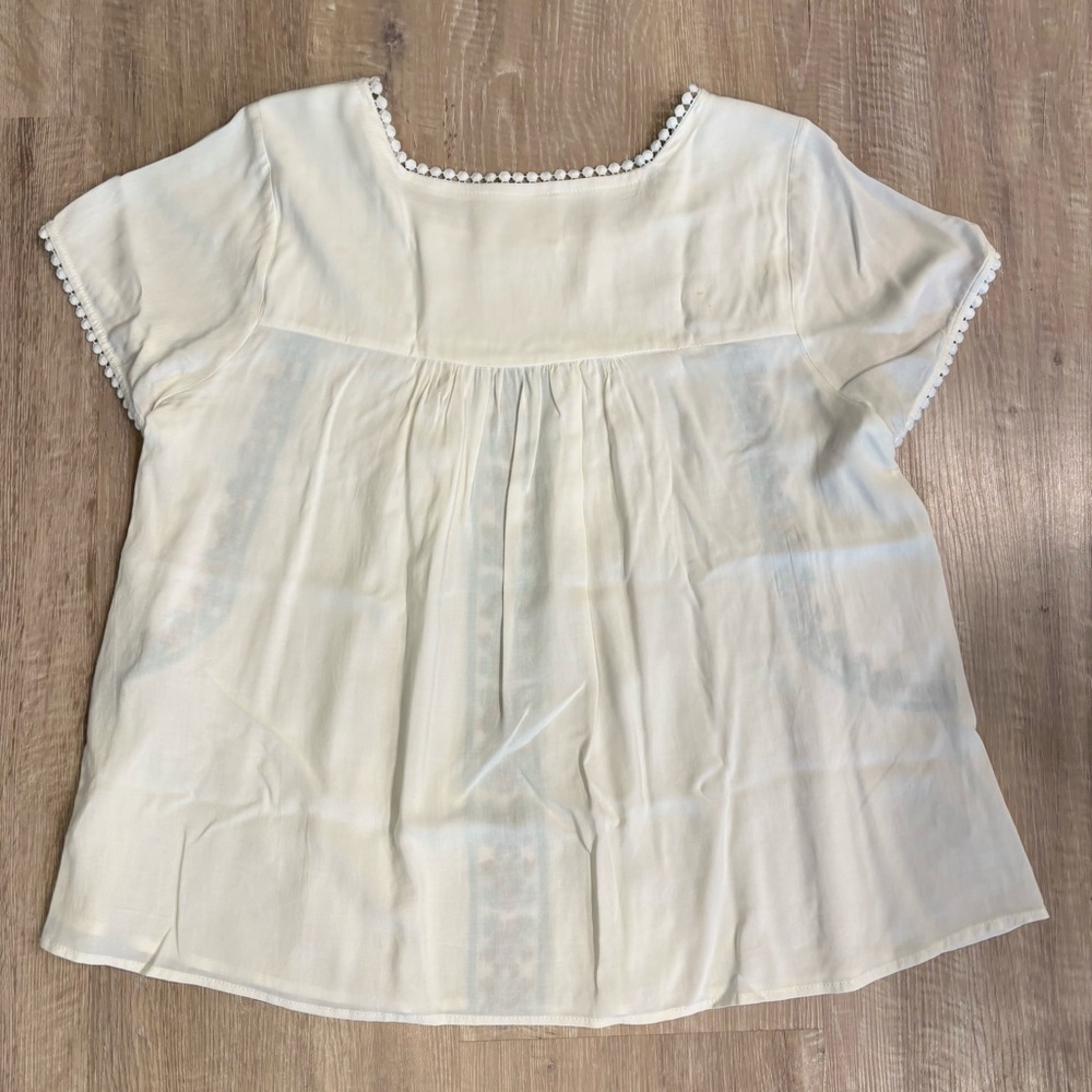 Savanna Jane Floral Embroidered Short Sleeve Rayon Top Size Large Cream Teal Red - Picture 5 of 8